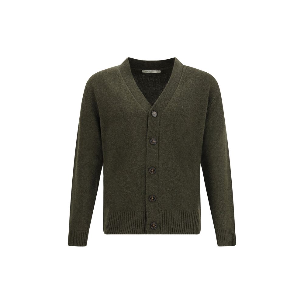 Brooksfield Green Fleece Wool Cardigan, medium-knit, 100% virgin wool, long sleeves, button closure, elegant and casual style, AW25 collection.