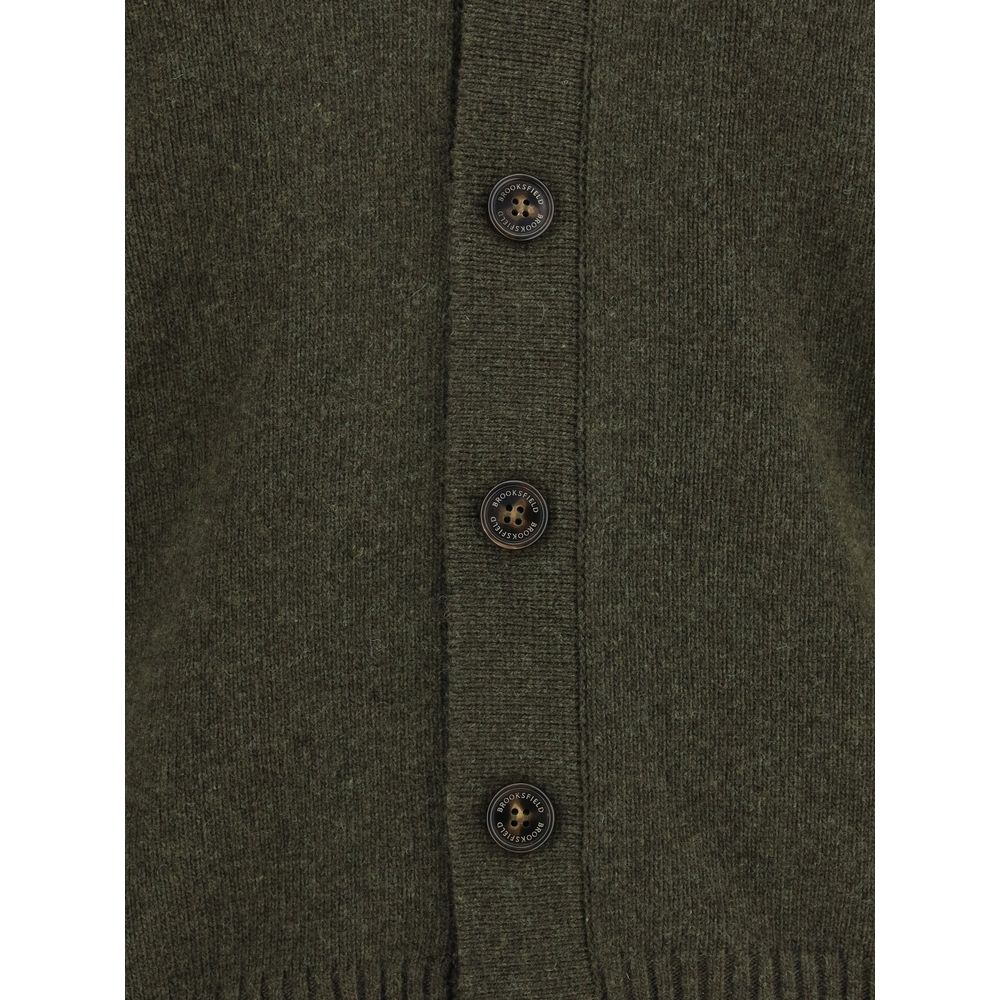 Close-up of Brooksfield Green Fleece Wool Cardigan with button closure and medium-knit texture for elegant and casual looks.