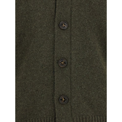 Close-up of Brooksfield Green Fleece Wool Cardigan with button closure and medium-knit texture for elegant and casual looks.