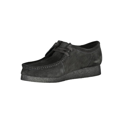 Clarks Black Leather Men Sneaker with suede finish, iconic logo, and removable footbed for style and comfort.