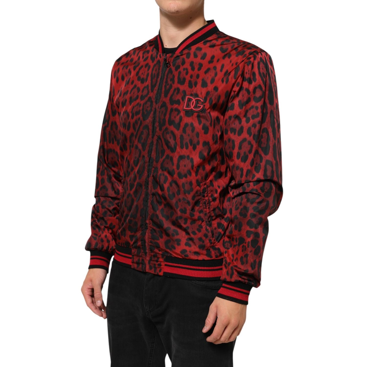 Dolce & Gabbana Red Leopard Print Full Zip Bomber Jacket