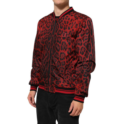 Dolce & Gabbana Red Leopard Print Full Zip Bomber Jacket