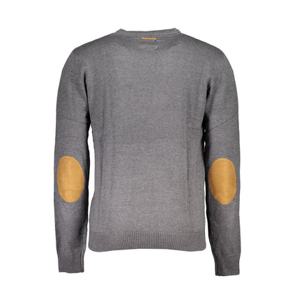 Gianmarco Venturi Gray Cotton Sweater back view featuring long sleeves, crew neck, embroidery, and logo details.