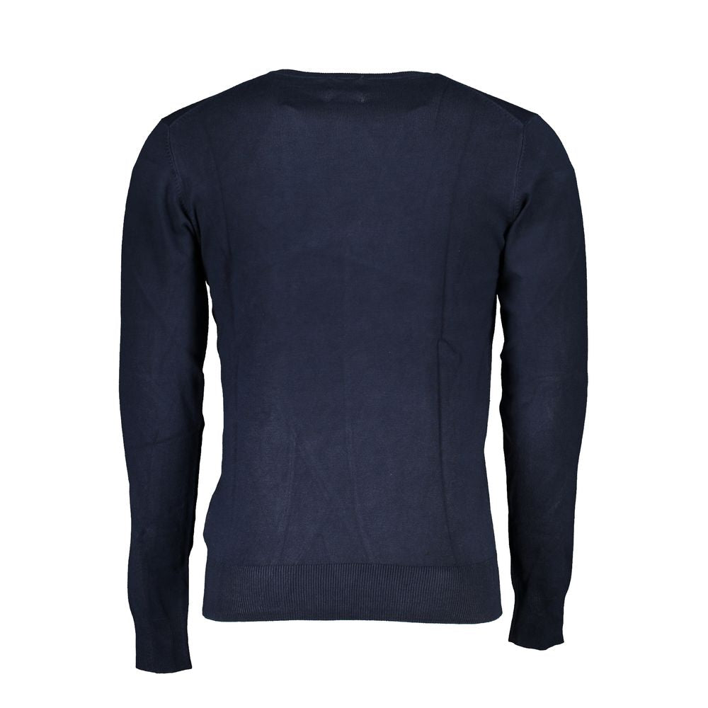 Gianmarco Venturi Blue Viscose Sweater, long-sleeved crew neck with embroidery and logo.
