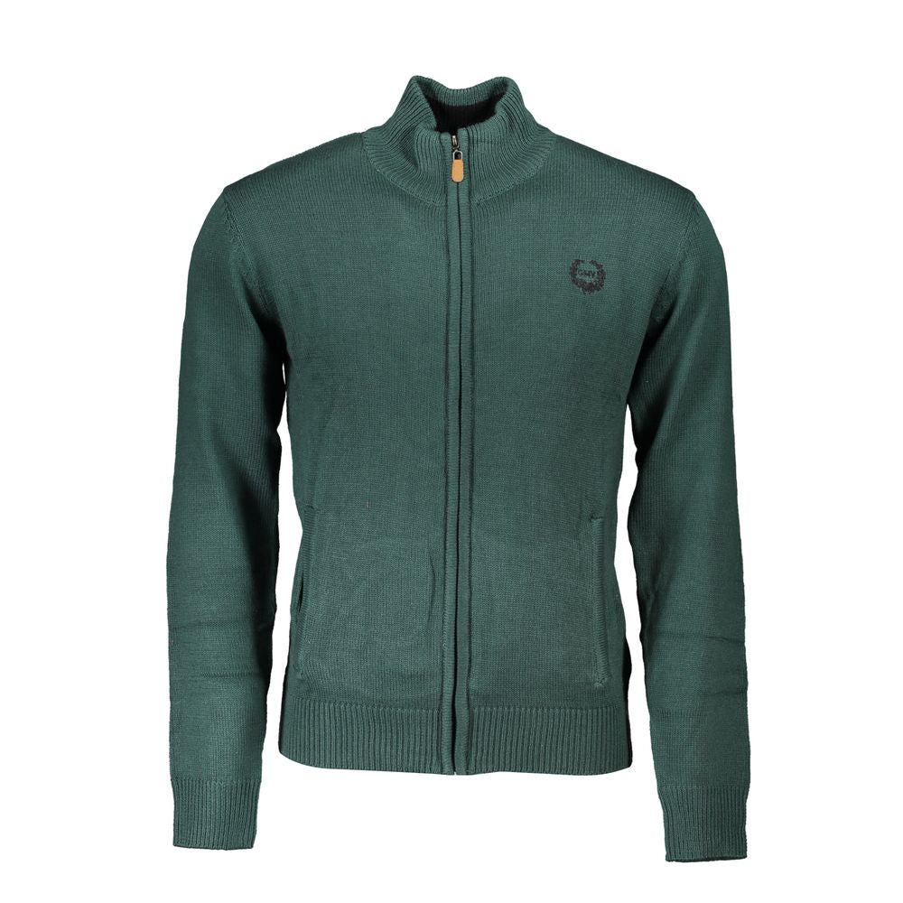 Gianmarco Venturi Green Cotton Sweater with long sleeves, zip, embroidery, contrast details, and logo.