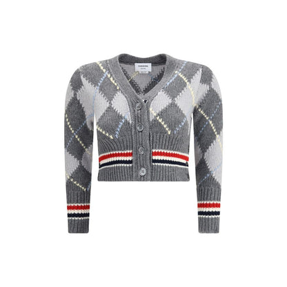 Thom Browne Gray Fleece Wool Cardigan in argyle pattern, V-neck, long sleeves, cropped length, front button closure, AW25 fashion.