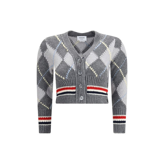 Thom Browne Gray Fleece Wool Cardigan in argyle pattern, V-neck, long sleeves, cropped length, front button closure, AW25 fashion.