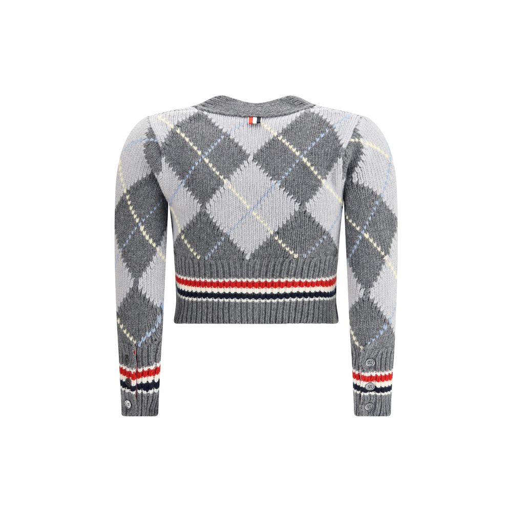 Back view of Thom Browne Gray Fleece Wool Cardigan with argyle pattern and striped hem for AW25 season