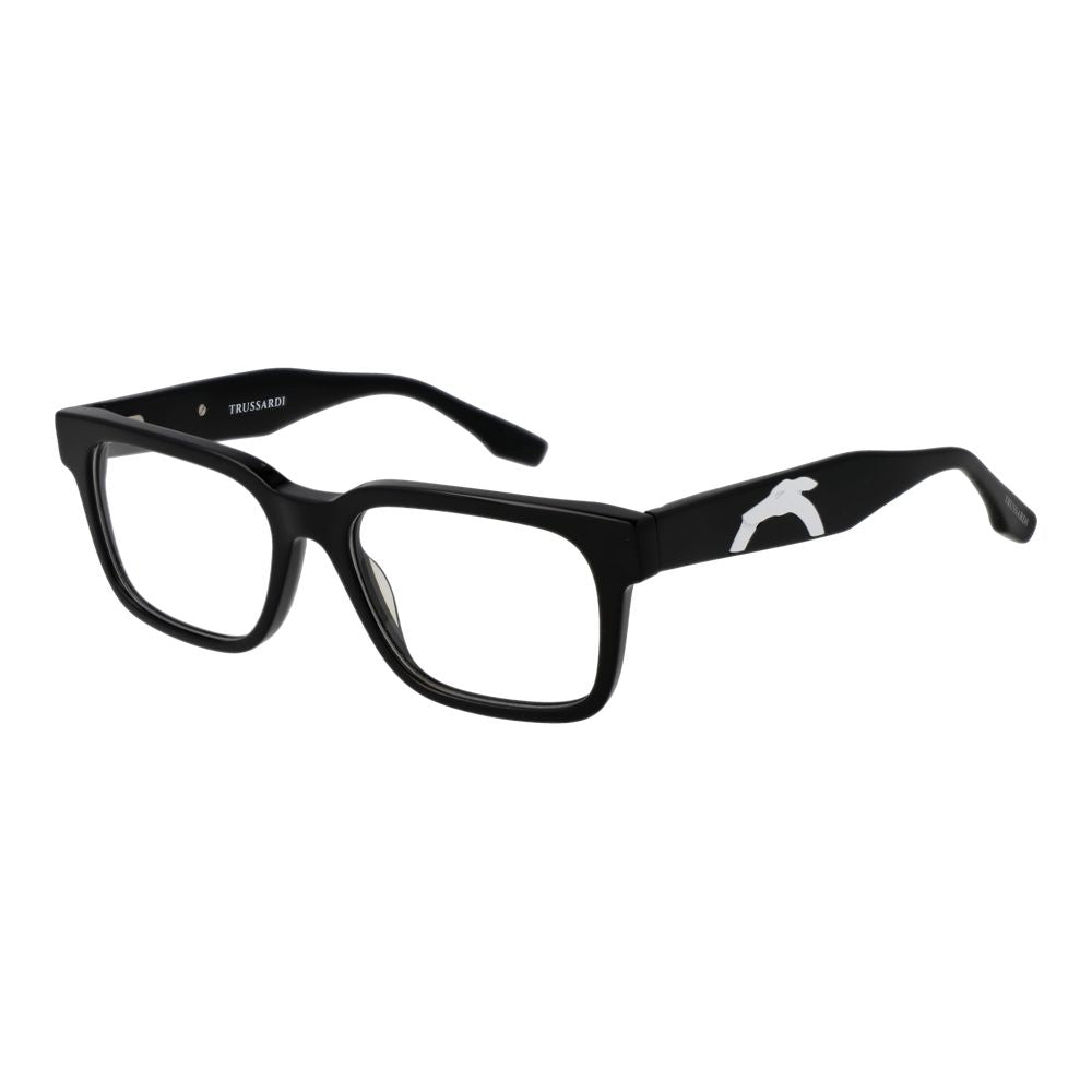 Trussardi Black Acetate Glasses (Frames), unisex full-rim rectangle style, with black acetate frame and demo lenses.
