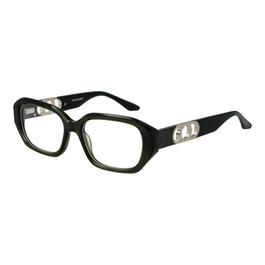 Trussardi Green Acetate Glasses (Frames) for women, full-rim rectangle style with 52-17-145 size, demo lenses, spring hinge included.