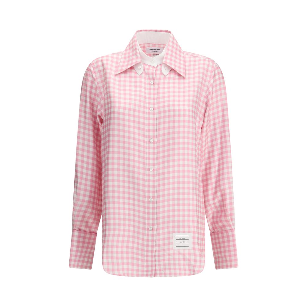 Thom Browne Multicolor Silk Pattern Shirt with pink gingham, features point collar and long sleeves, perfect for understated sophistication.