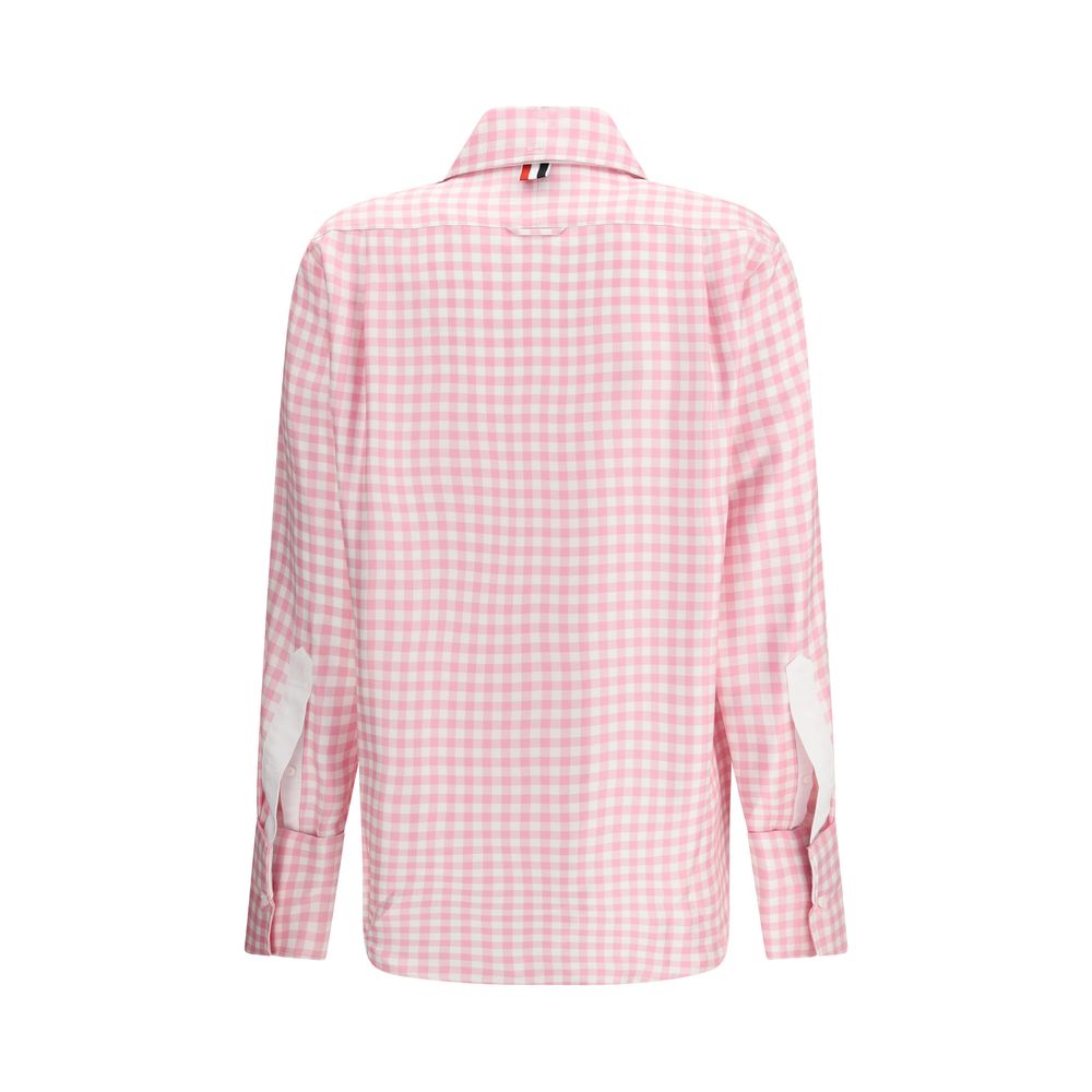 Back view of Thom Browne Multicolor Silk Pattern Shirt in pink gingham, featuring long sleeves and point collar from AW25 collection.