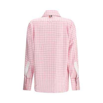 Back view of Thom Browne Multicolor Silk Pattern Shirt in pink gingham, featuring long sleeves and point collar from AW25 collection.