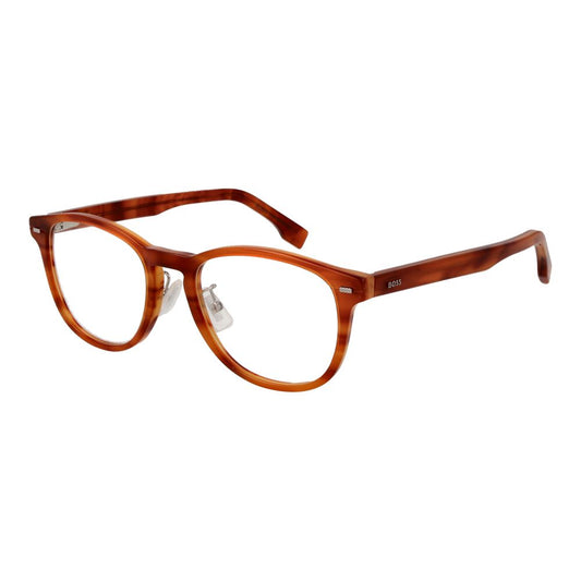 Hugo Boss Brown Acetate Glasses (Frames) for men with full-rim panto style, 52-20-145 size, featuring spring hinges and demo lenses.