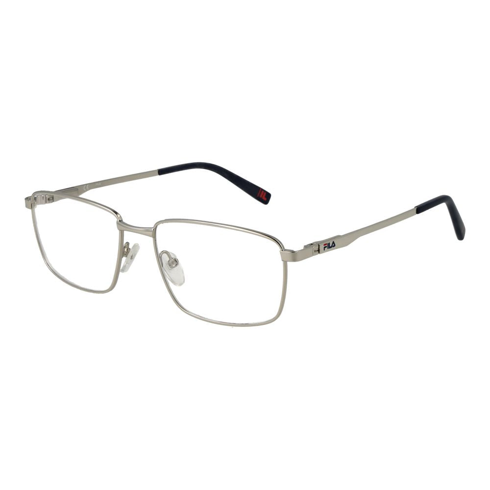 Fila Silver Stainless Steel Glasses (Frames) for men, full-rim rectangle style with demo plastic lenses, spring hinge, 56-17-145 size.