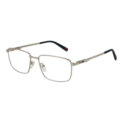 Fila Silver Stainless Steel Glasses (Frames) for men, full-rim rectangle style with demo plastic lenses, spring hinge, 56-17-145 size.