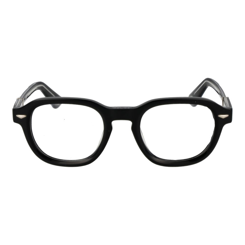 Police Black Cellulose Acetate Glasses (Frames) for men in full-rim panto style with black frame and demo lenses.