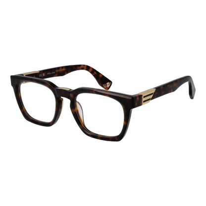 Police Brown Cellulose Acetate Glasses (Frames) for men, full-rim square style, demo lenses, branded case included.