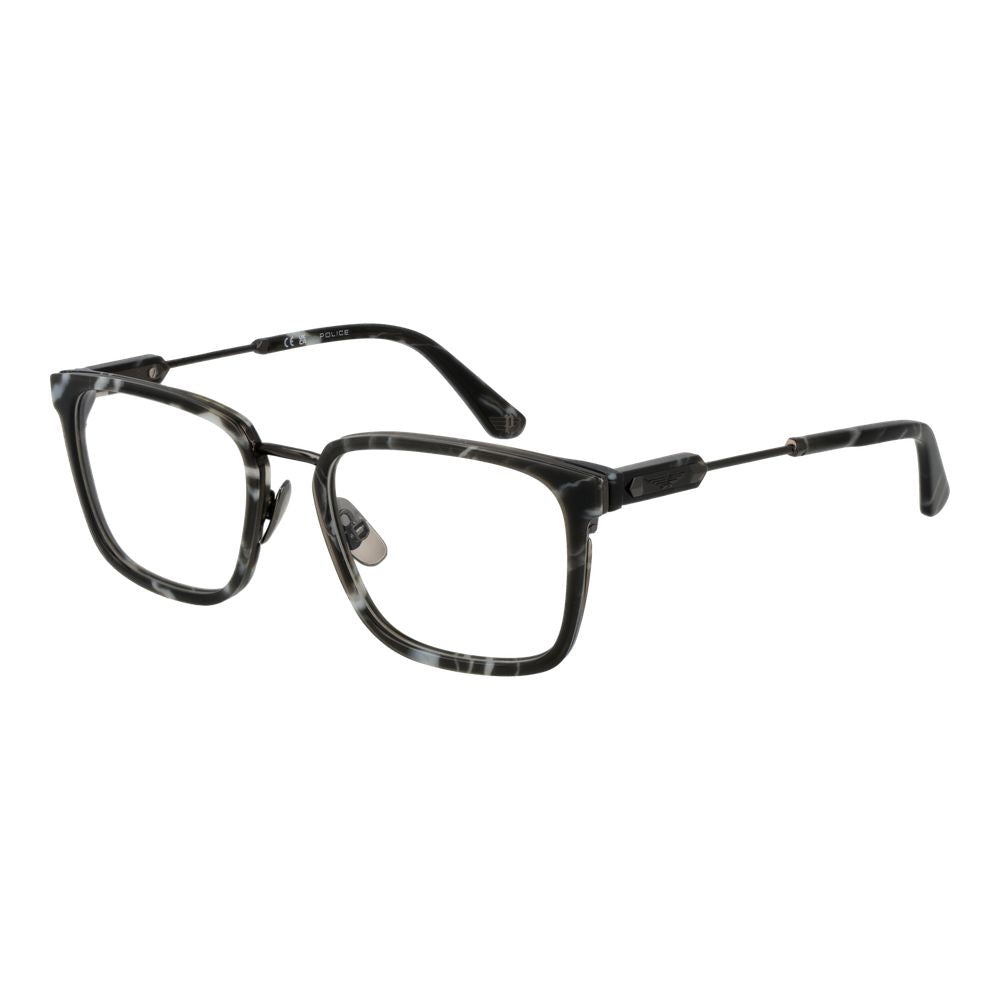 Police Gray Metal Glasses (Frames) in full-rim square style, grey metal frame with demo lenses, for men, includes branded case.