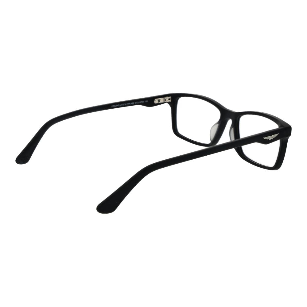 Police Black Cellulose Acetate Glasses (Frames) with full-rim rectangle style for men, featuring a sleek black design and spring hinge.