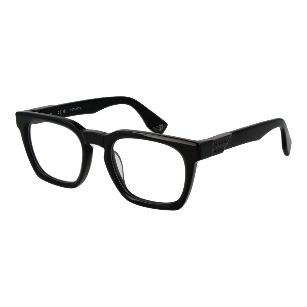 Police Black Cellulose Acetate Glasses (Frames) in full-rim rectangle style for men with black frame, 53mm width lenses.