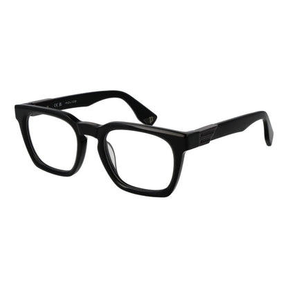 Police Black Cellulose Acetate Glasses (Frames) in full-rim rectangle style for men with black frame, 53mm width lenses.