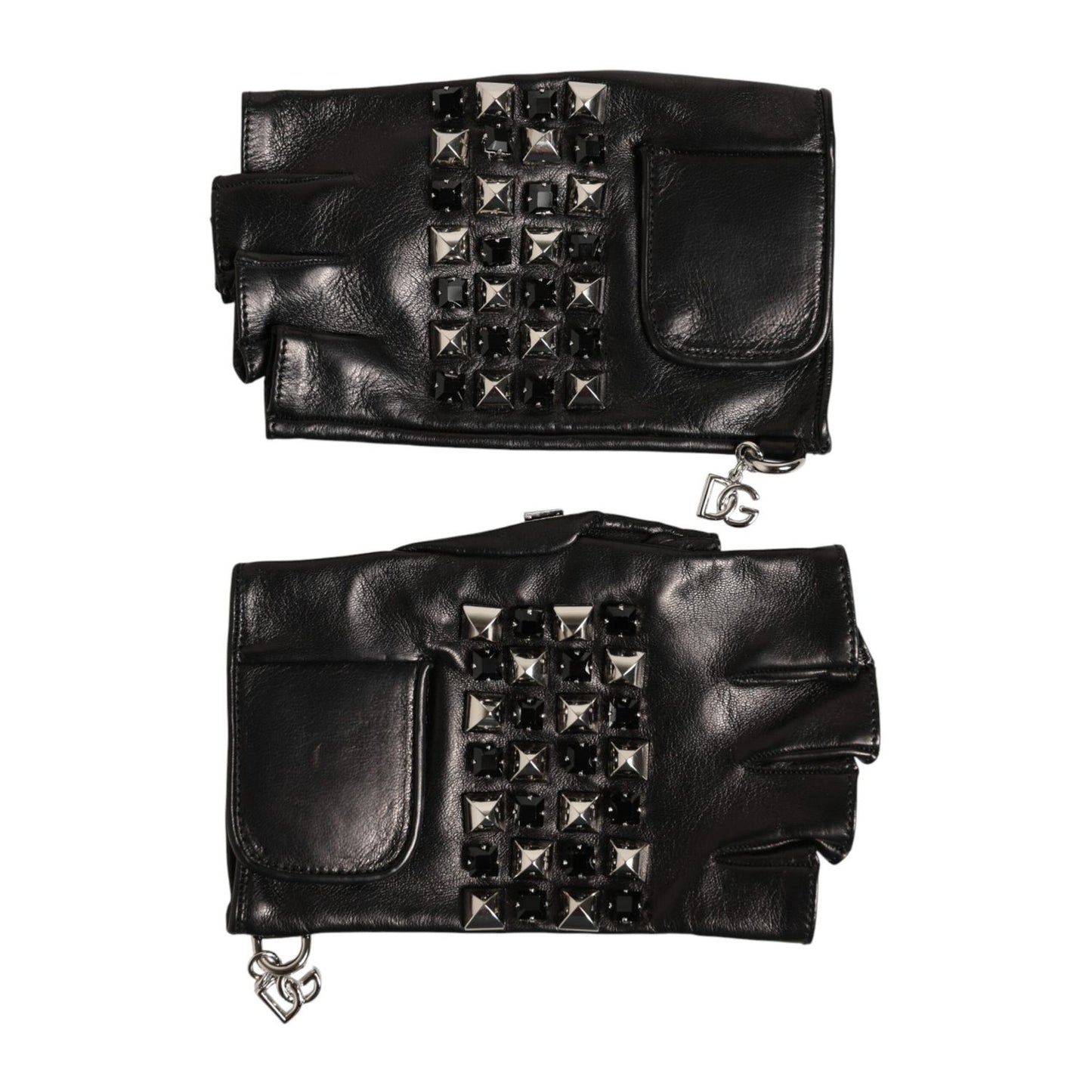 Dolce & Gabbana Black Leather Studded Fingerless Hand Mitten Men Gloves