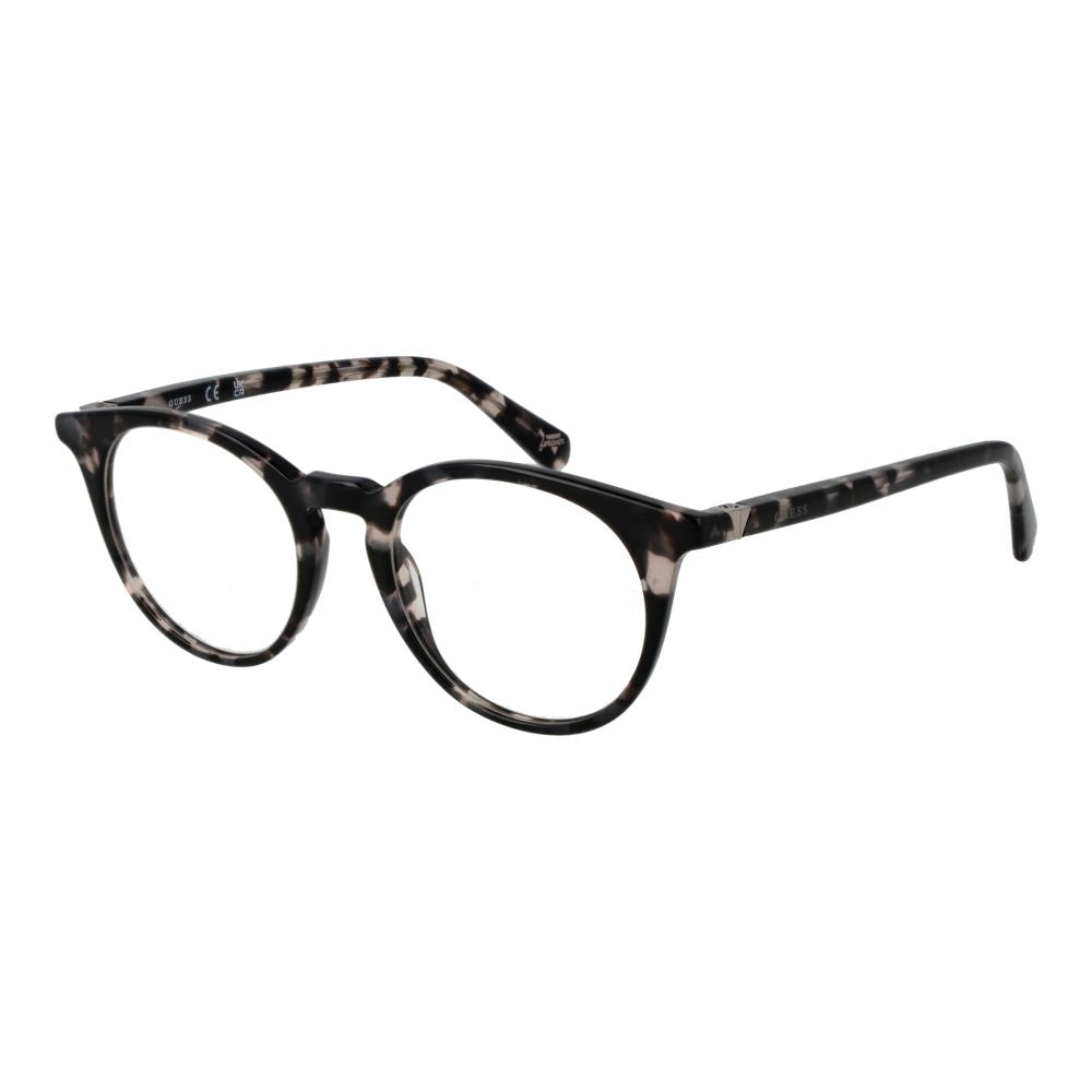 Guess Black Acetate Glasses (Frames) unisex full-rim round style with plastic demo lenses, black color, spring hinge, size 48-19-145.
