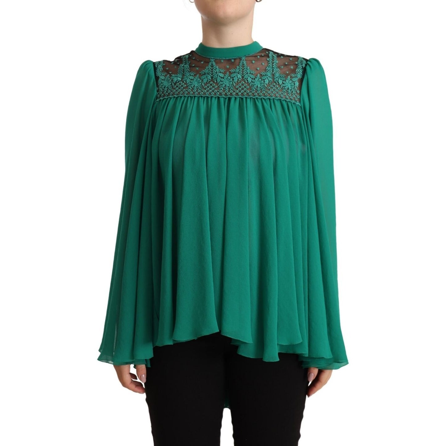 Philosophy Green Lace Polyester Long Sleeves Pleated Top Blouse