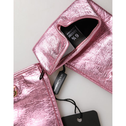 Dolce & Gabbana Pink Leather DG Logo Wrist Length Mitten Gloves