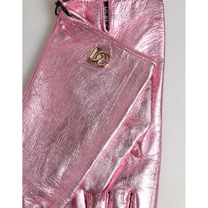 Dolce & Gabbana Pink Leather DG Logo Wrist Length Mitten Gloves