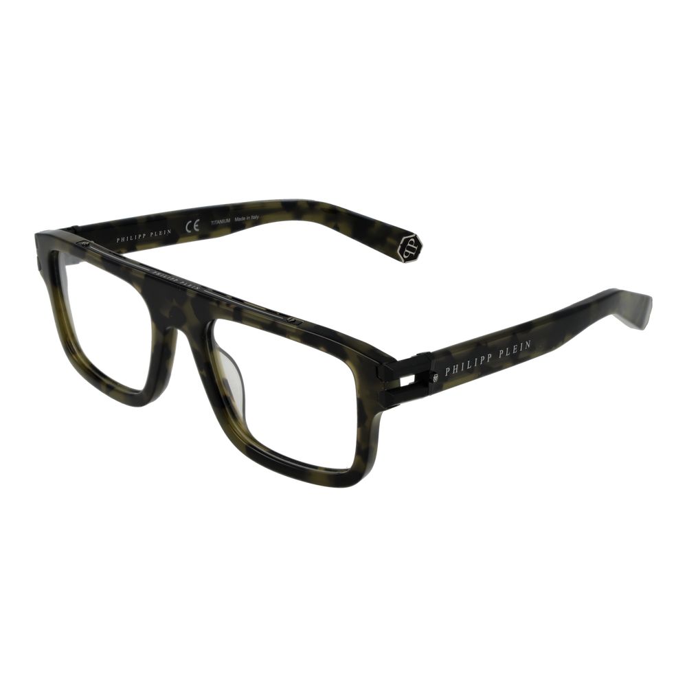 Philipp Plein Green Titanium Glasses (Frames) for men, full-rim square style with demo lenses, green titanium frame, size 53-20-145.