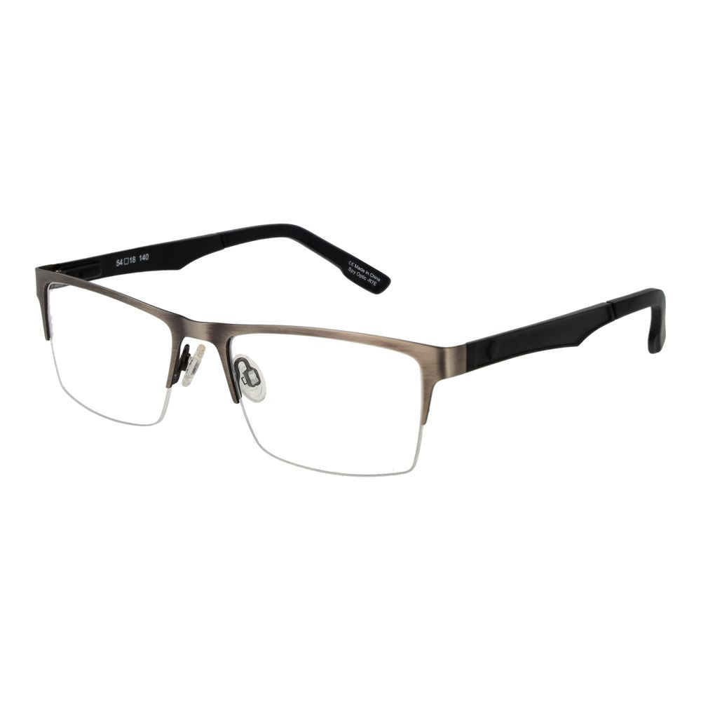 Spy Gray Plastic Glasses (Frames) with gunmetal half-rim and demo lenses for men. Rectangle style, size 54-18-140, spring hinge, branded pouch included.