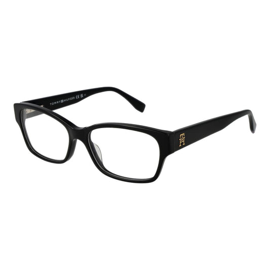 Tommy Hilfiger Black Acetate Glasses (Frames), women’s full-rim rectangle frame with demo lenses and spring hinge.