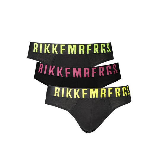 Bikkembergs Black Cotton Underwear tri-pack with elastic waistband, featuring fluo print colors: green, fuchsia, yellow, and logo.