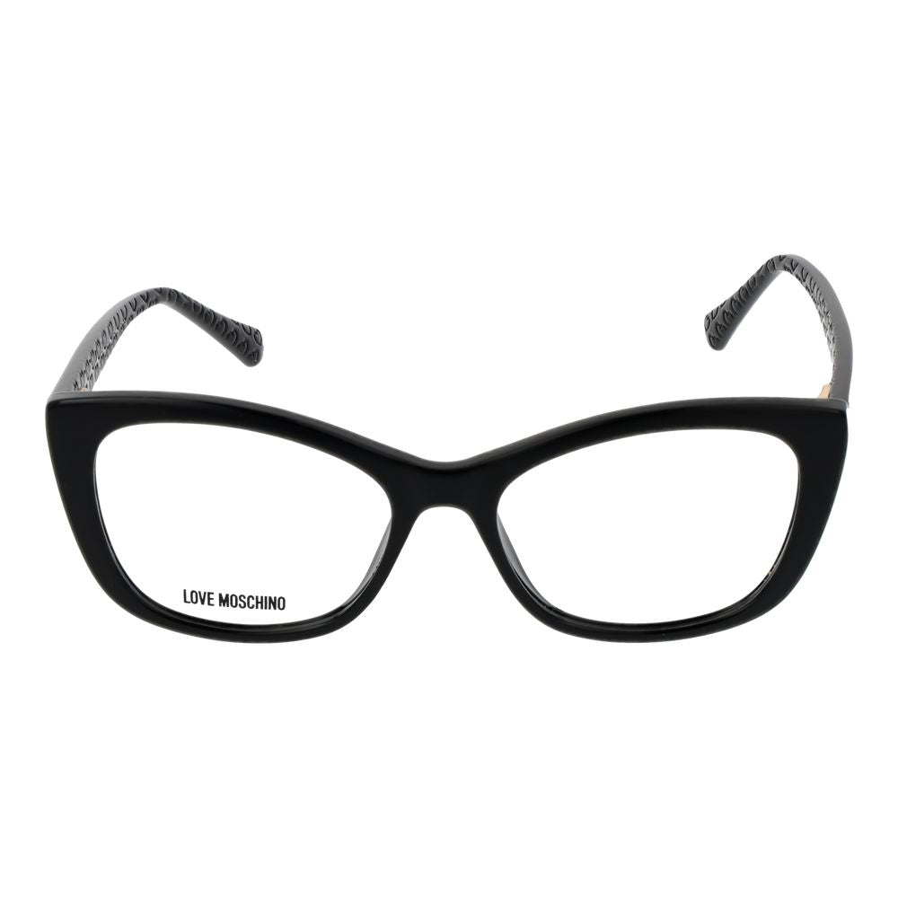 Love Moschino Black Cellulose Propionate Glasses (Frames) for women, full-rim, butterfly style, black frame, demo lenses, spring hinge.