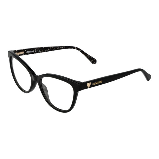 Love Moschino Black Acetate Glasses (Frames) for women with full-rim cat eye design, demo lenses, and spring hinge in black acetate.