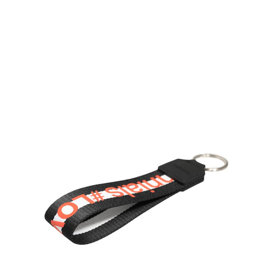 Dolce & Gabbana Black Logo Polyester Silver Brass Holder Keychain Keyring