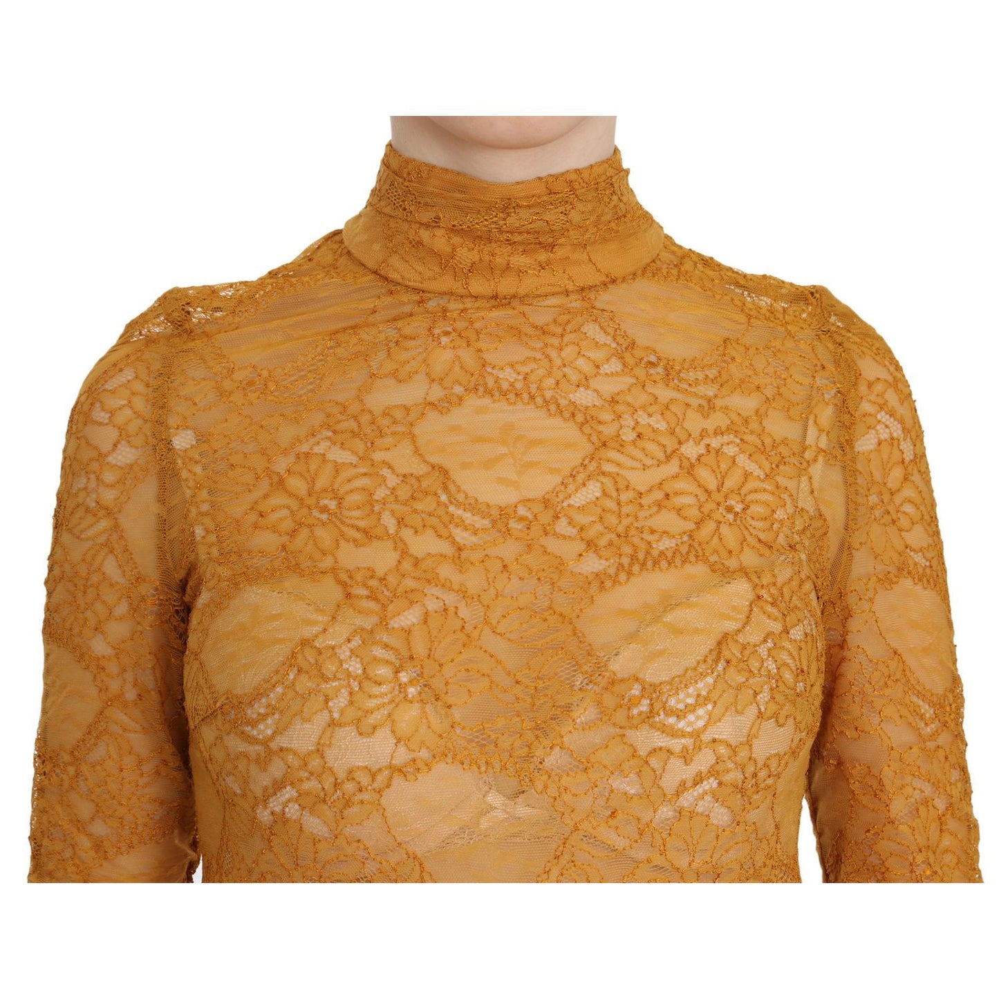 Mangano Mustard Turtle Neck Long Sleeve Lace Top Blouse