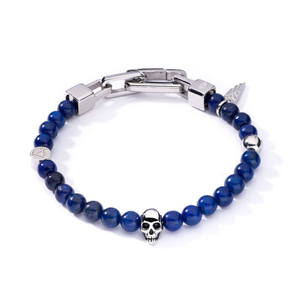 AN JEWELS JEWELRY Mod. AA.P255SBL blue bead bracelet with silver skull and clasp.
