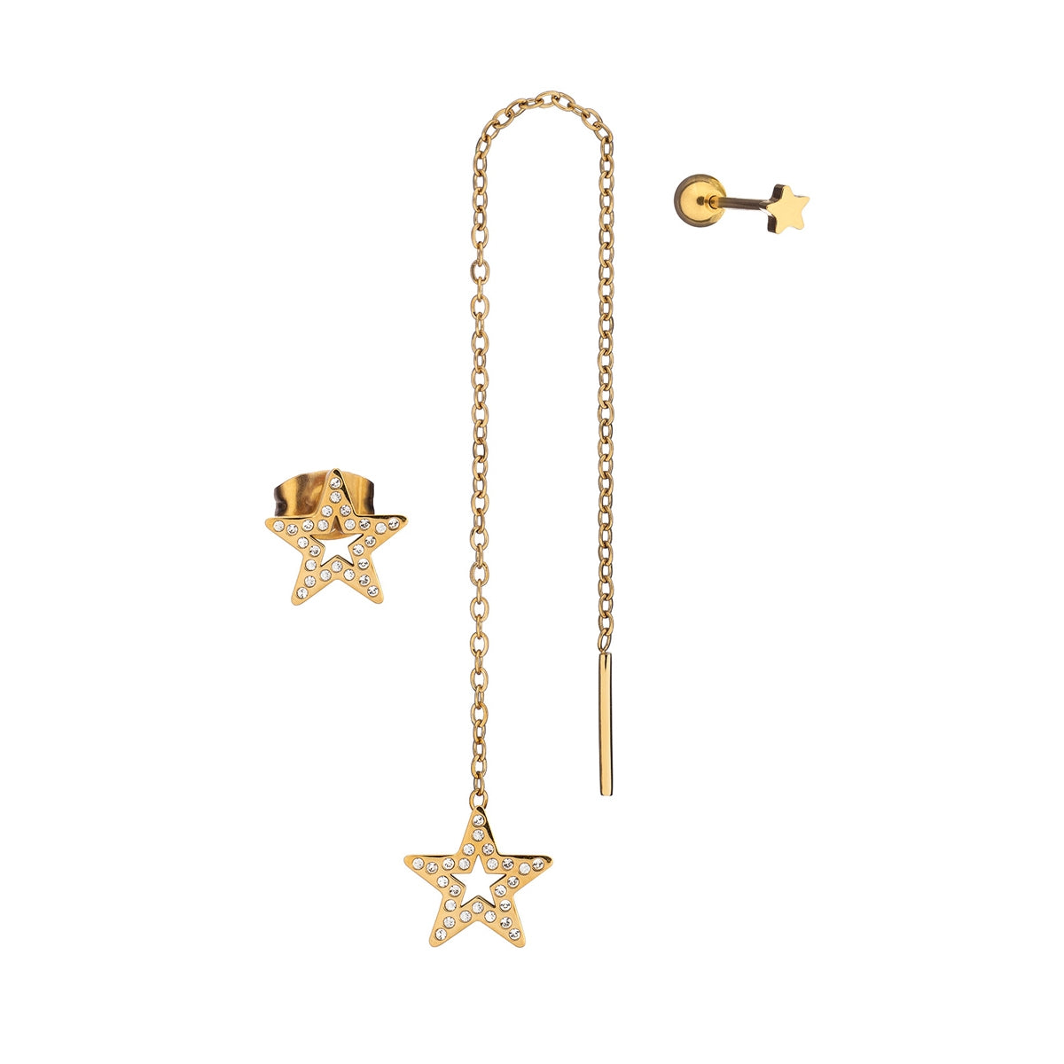 AN JEWELS JEWELRY Mod. AB.EP019 star-shaped gold earrings set with crystals on chain and stud.