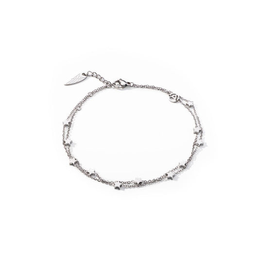 Delicate silver ankle bracelet by AN JEWELS JEWELRY Mod. AL.BANKLE05, featuring star charms on a double chain.