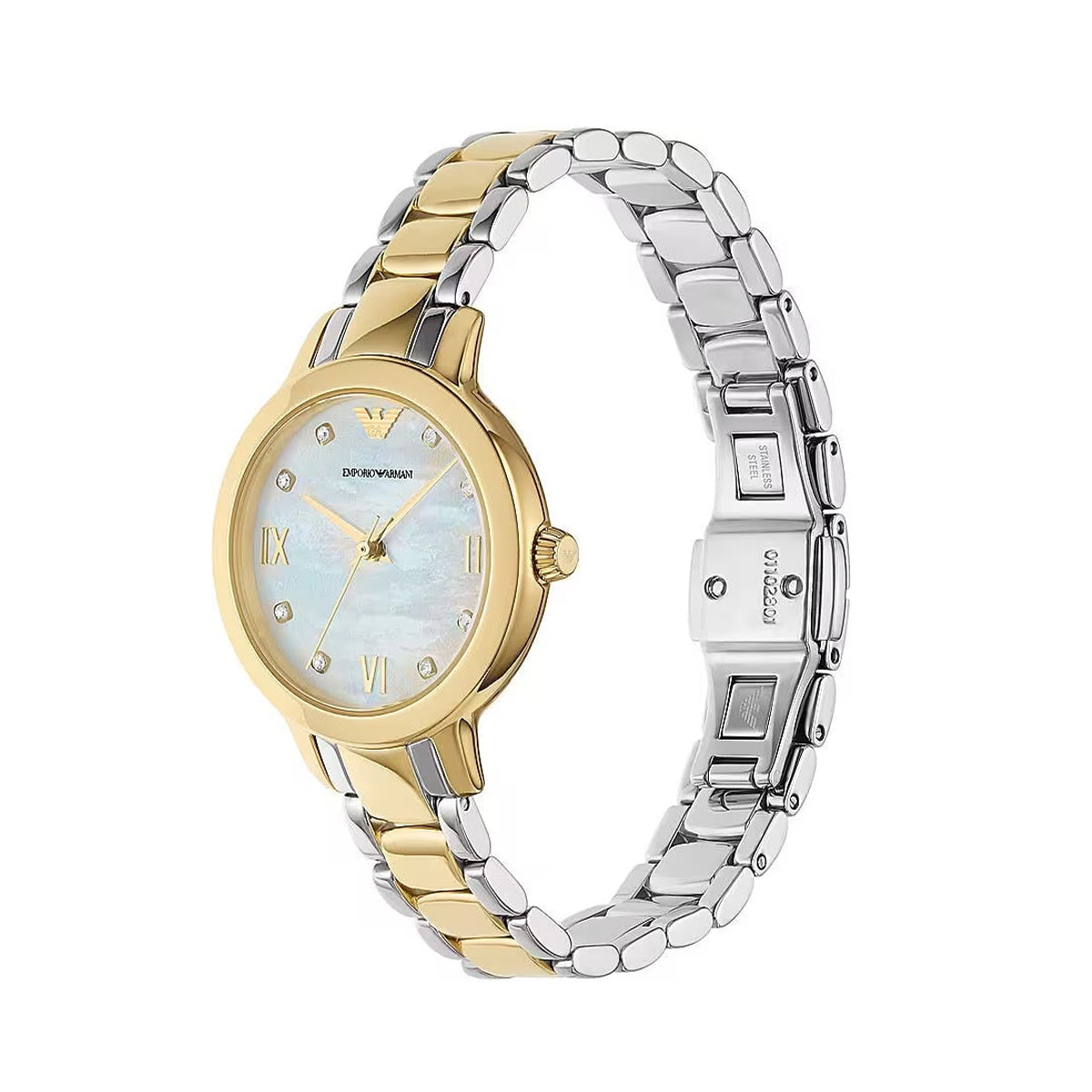 EMPORIO ARMANI Mod. MIA lady's wristwatch, stainless steel, 32mm case, mother of pearl dial, quartz movement, water resistant, official packaging.