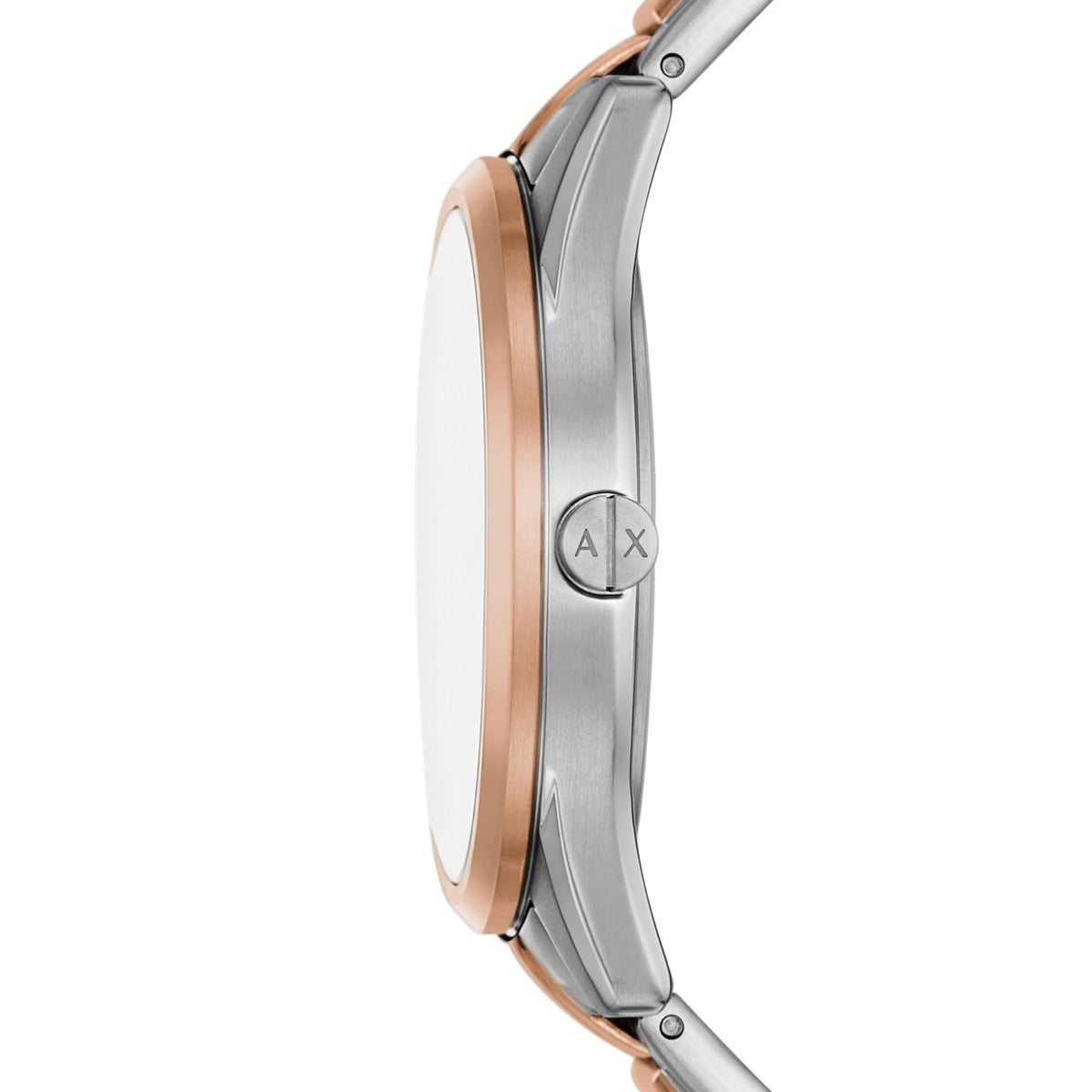 Side view of ARMANI EXCHANGE Mod. AX1874 wristwatch, featuring a 42mm rose gold and silver stainless steel case.