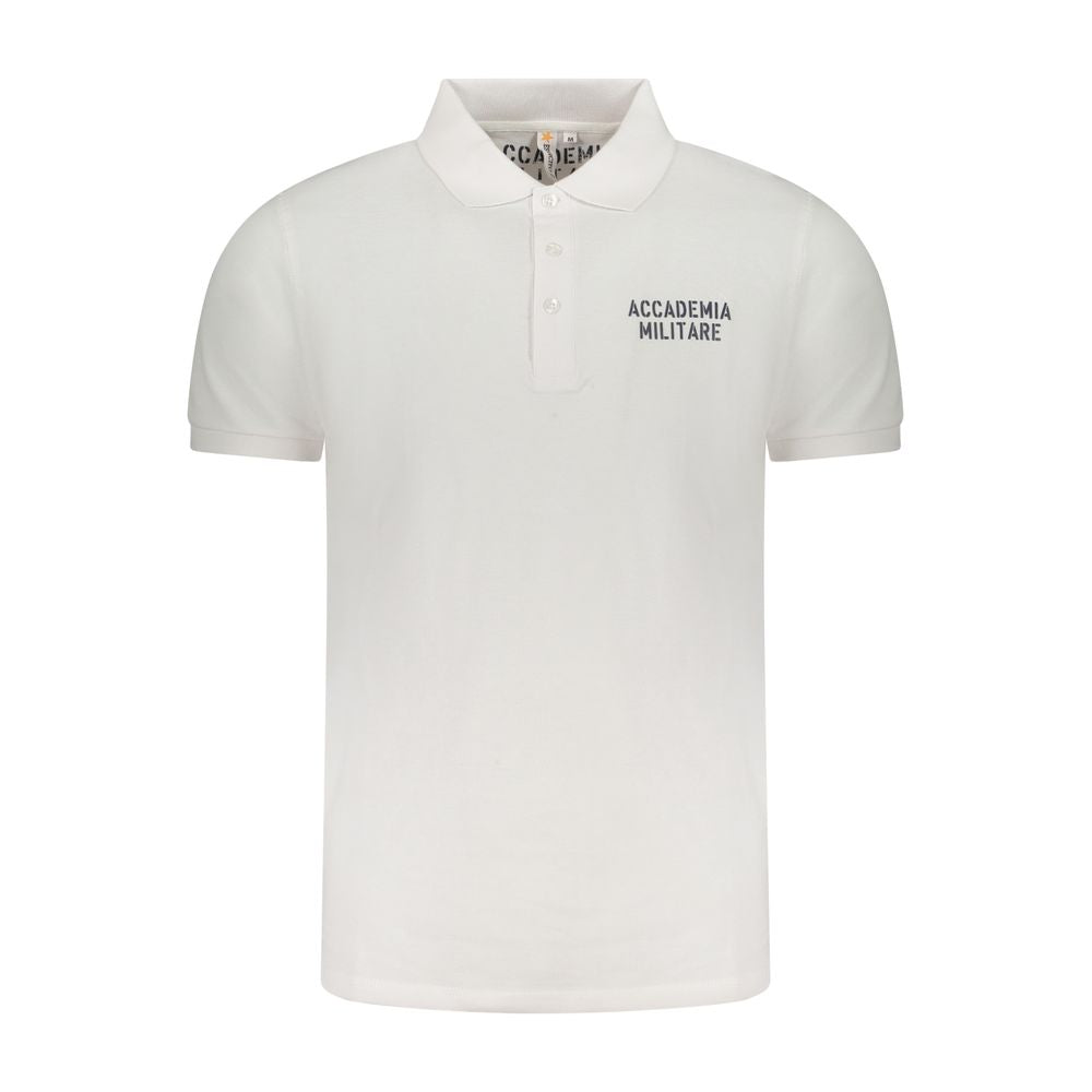 Alt Tag: Accademia Militare White Cotton Polo Shirt with short sleeves, contrast print, and logo design, featuring 3 buttons.