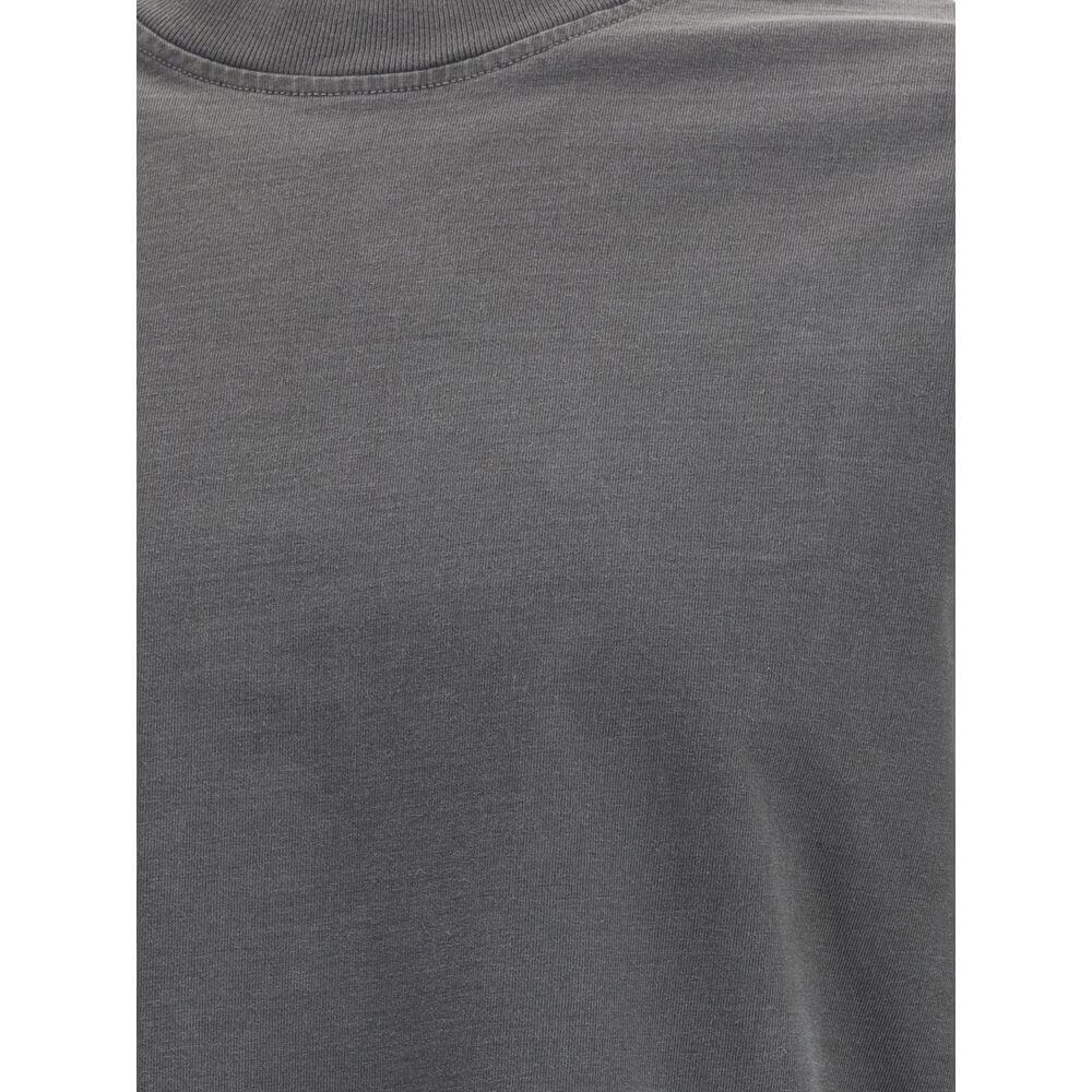 Close-up of Agolde Gray Cotton Long Sleeve T-Shirt fabric showing ribbed crew neck and soft jersey texture.