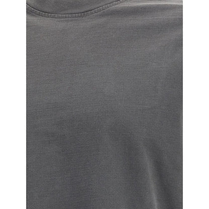 Close-up of Agolde Gray Cotton Long Sleeve T-Shirt fabric showing ribbed crew neck and soft jersey texture.