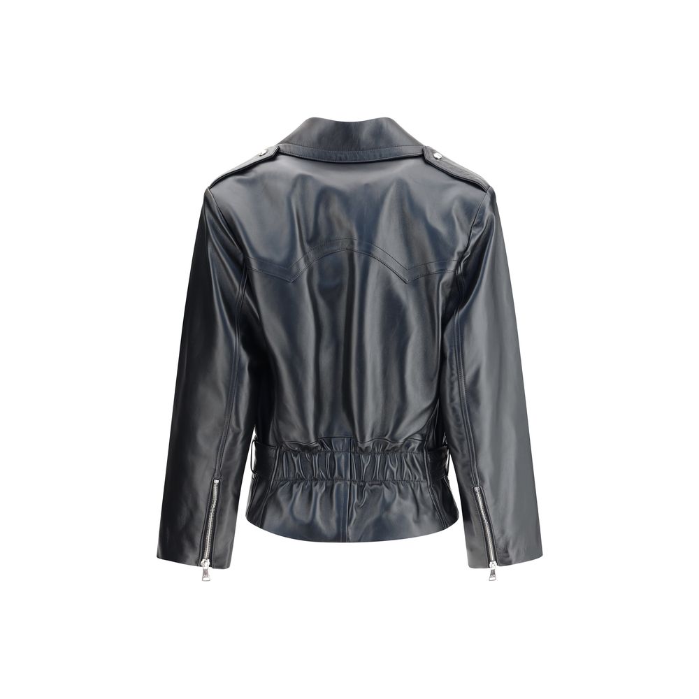 Back view of Alessandra Rich Black Leather Biker Jacket with wide lapels, side zipper, and removable belt, made of 100% leather.