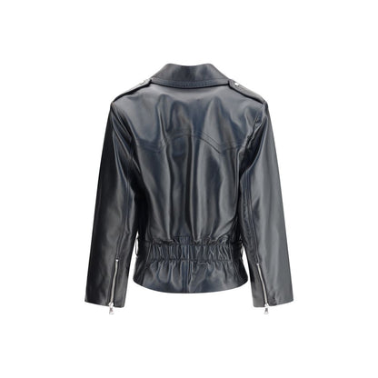 Back view of Alessandra Rich Black Leather Biker Jacket with wide lapels, side zipper, and removable belt, made of 100% leather.