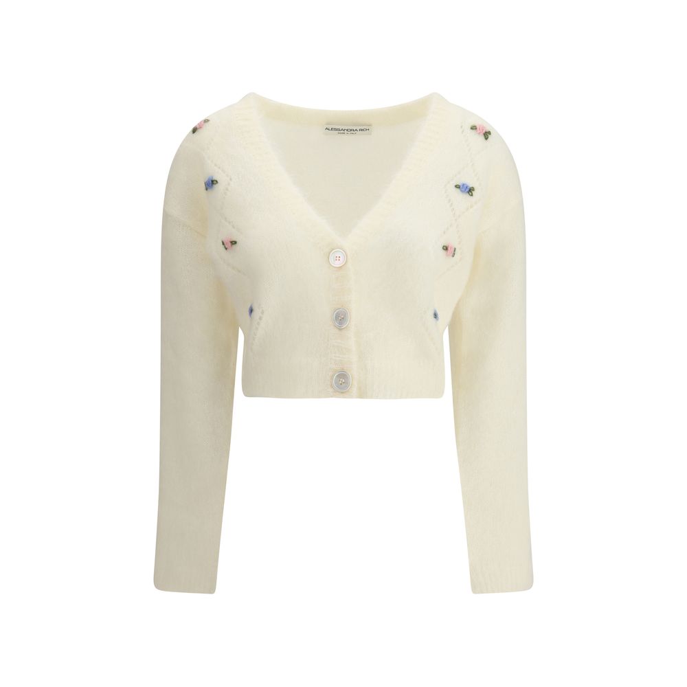 Alessandra Rich White Mohair Cardigan featuring floral embroidery, V-neckline, and button closure. Romantic design for AW25 season.